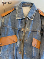 CJFHJE Blue Vintage Patchwork Denim Jacket Women Chicly Fashion Korean Loose Female Jackets Harajuku Zipper Casual Denim Coats
