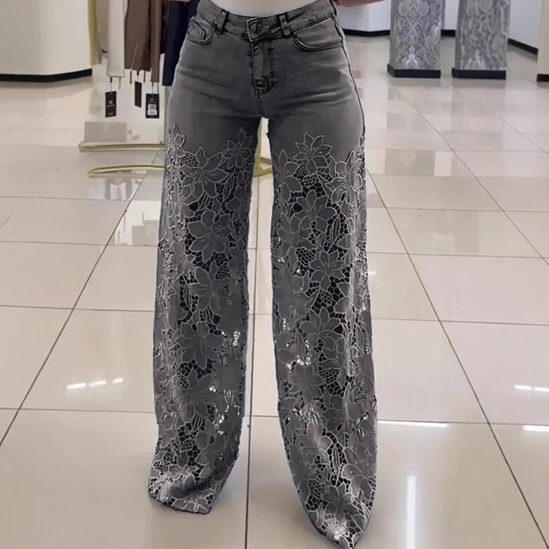 Lace Spliced Elegant Hollow Out Jeans Women New Fashion Temperament High Waist Straight Loose Denim Trousers Y2k Streetwear