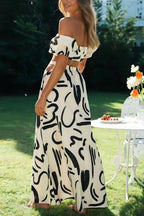 Two Piece Sets Fashion New Print Solid Color Puff Sleeve Zipper Breast Wrap Crop Top & Hollow Out Waist Big Hem Dress Suits Lady