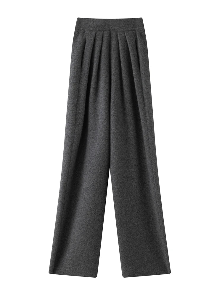 New Women's 100% Cashmere Knitted Thick Pants Autumn Winter Comfortable Skin Friendly Wide-leg Pants Solid Color Casual Clothing