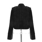 Streetwear Casual Loose Button Split Short Denim Jacket Women Fashion Spring Autumn 2026 Stand Collar Long Sleeve Jean Jacket