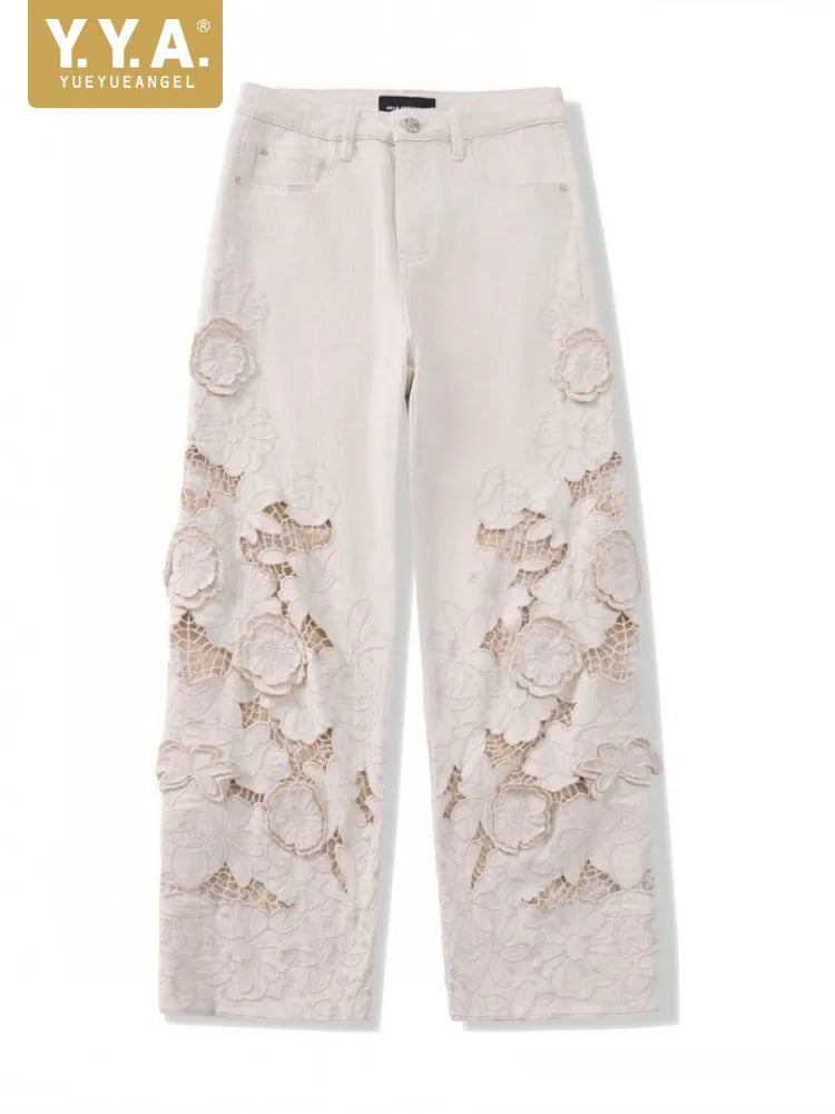 Designer Women Fashion Spring Summer Embroidery Flowers Jeans Hollow Out High Waist Denim Pants Casual Ankle Length Trousers