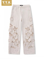 Designer Women Fashion Spring Summer Embroidery Flowers Jeans Hollow Out High Waist Denim Pants Casual Ankle Length Trousers