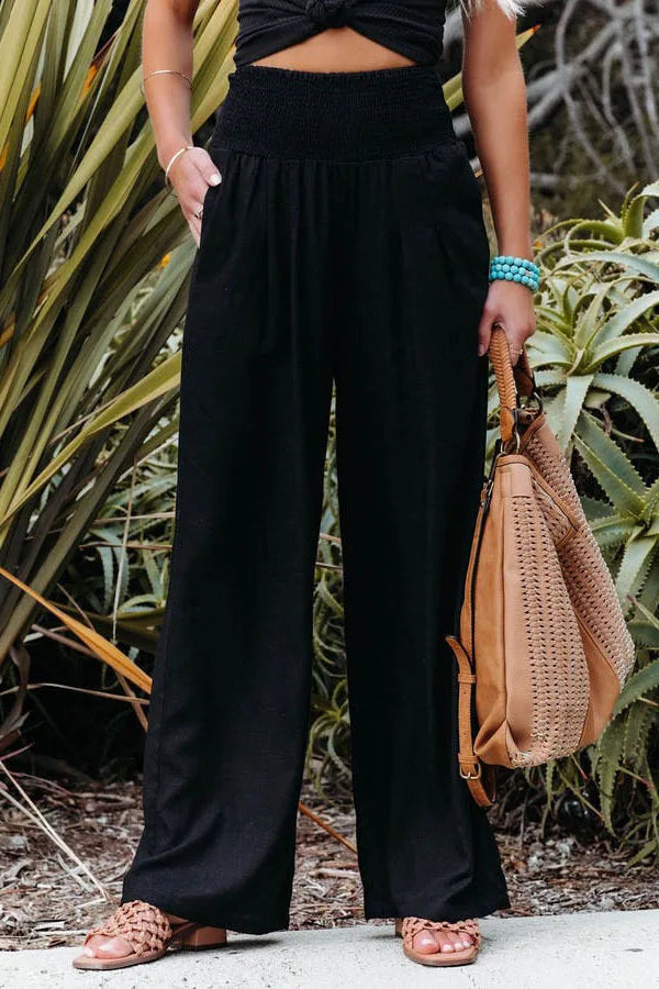 Women's casual pants with drawstring, mid waist, beach wide leg, spring and summer, European and American pants