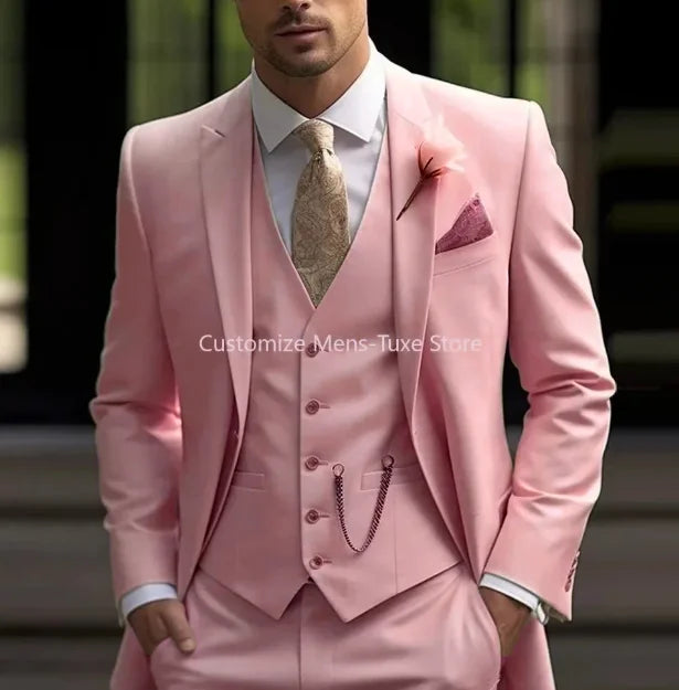 New Beige Suit Men Business Tuxedos Formal 3 Piece Set Jacket Vest Pants Single Breasted Groom Groomsman Prom Wedding Party