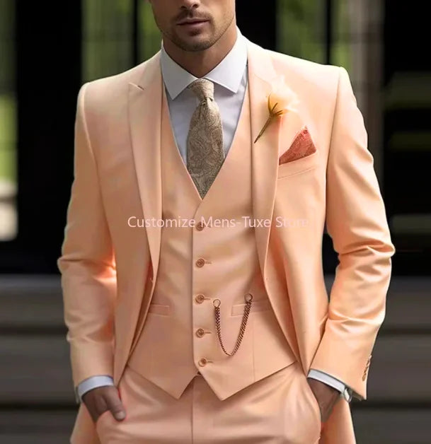 New Beige Suit Men Business Tuxedos Formal 3 Piece Set Jacket Vest Pants Single Breasted Groom Groomsman Prom Wedding Party
