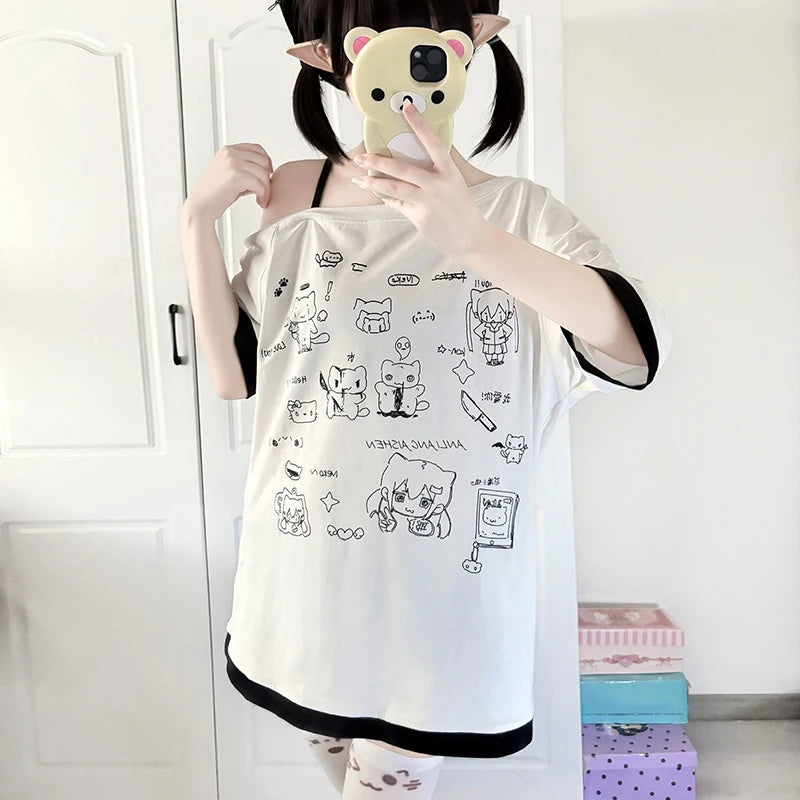 Japanese Y2k Subculture Cute T Shirt Off-shoulder White Short-sleeved Summer T-shirt Woman Cartoon Print Sweet Harajuku Tees