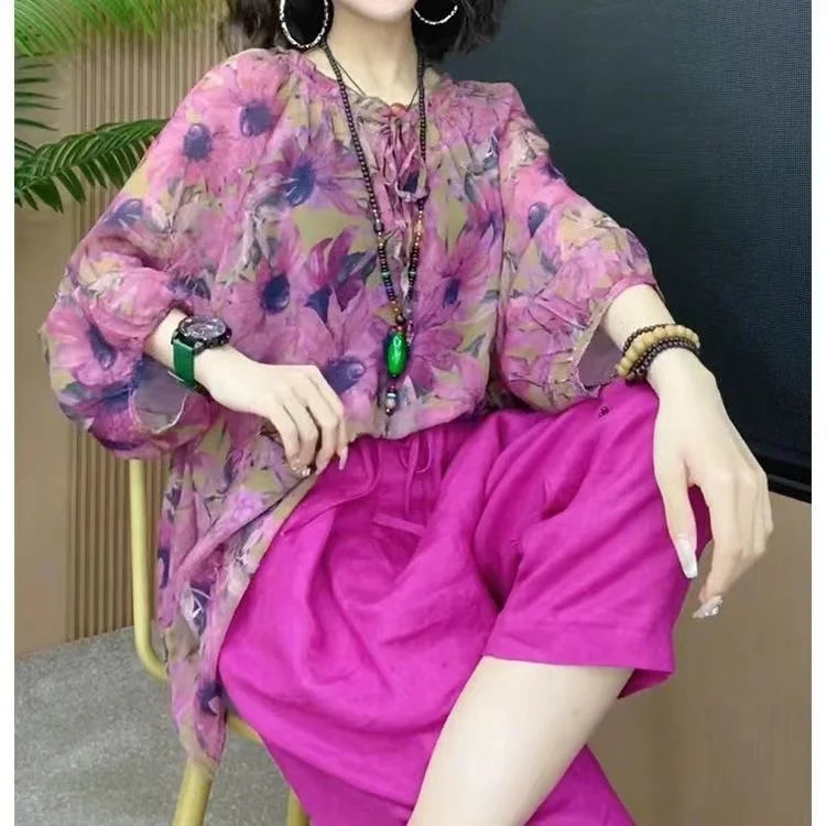 New Womens Cotton and Linen Clothing Sets Female Floral Long Sleeve Tops and Loose Pants Female 2PCS Outfits Plus Size