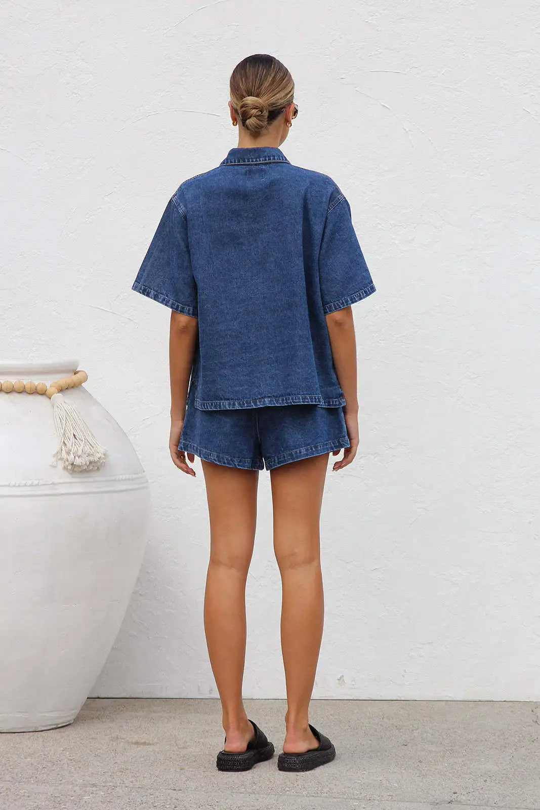Summer Trendy Women's Casual Loose Pocket Short Sleeve Shirt Cowboy Two Piece Set