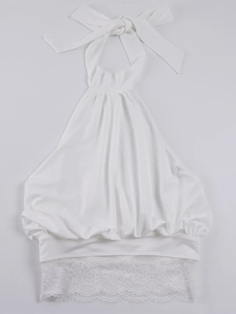 Lace Patchwork Halter Sleeveless Top Bow SLeeveless Tie Slim Fitted 2026 Summer Elegant Women Blouse Versatile Chic Lady Top