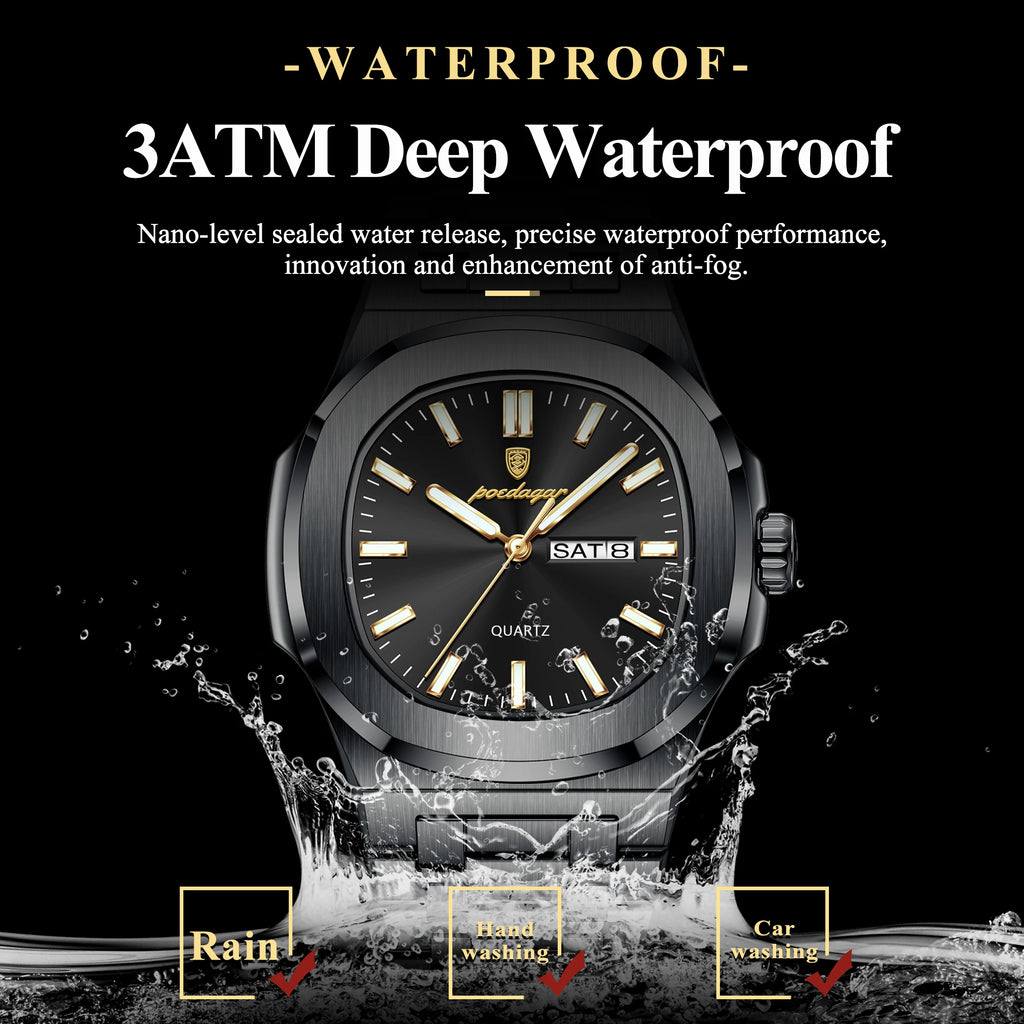 POEDAGAR Top Trendy Men's Watches Waterproof Luminous Date Week Luxury Men Watch Stainless Steel Quartz Business Man Clock Reloj
