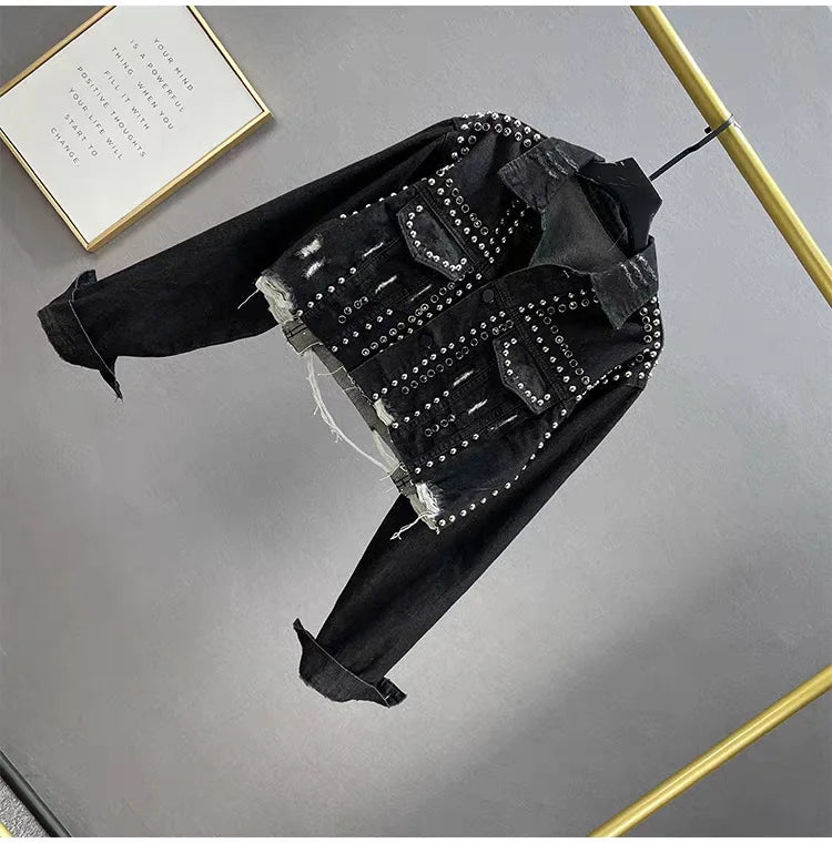 Women's Heavy Industry Riveted Diamond Denim Jacket Spring  Autumn New Slim Fashion Frayed Beaded Jacket Denim Female Tops 2026