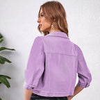 Womens Jean Jacket Cropped Denim Jackets Purple Yellow White Blue Stretchy 3/4 Puff Sleeve Distressed Shacket With Pockets