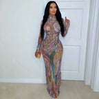 Long Sleeve Water-Media Net Diamond-Heated Party Gown