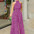 Elegant Printed Halter Neck Leace-Up Jumpsuit Women Sleeveless Fashion High Waist Wide Leg Jumpsuits Casual Streetwear  New