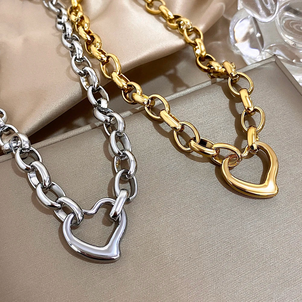 Golden Stainless Steel Irregular Hollow Heart Pendant Necklace