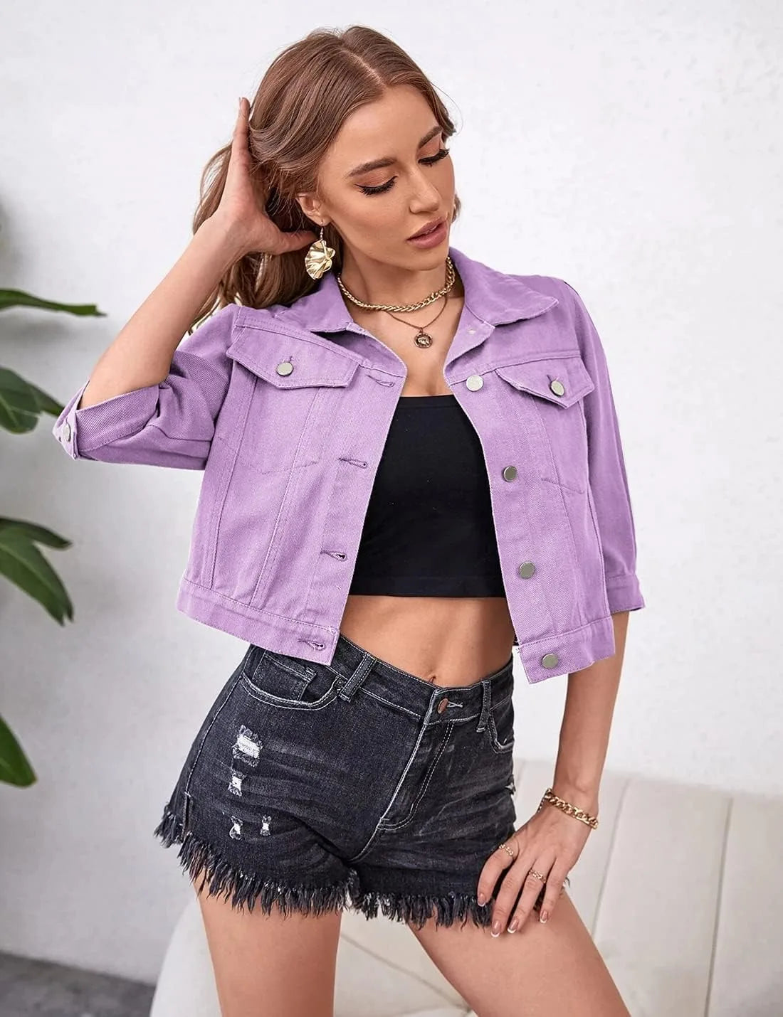Womens Jean Jacket Cropped Denim Jackets Purple Yellow White Blue Stretchy 3/4 Puff Sleeve Distressed Shacket With Pockets