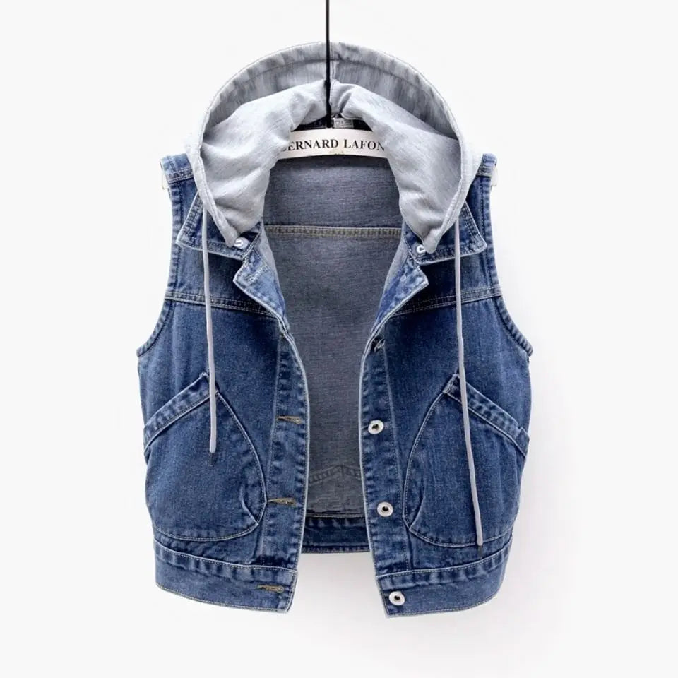 New Denim Vest Women's Spring Autumn Clothes Sleeveless Wild Tops Short Hooded Jacket Women Denim Jeans Vest Jacket Female