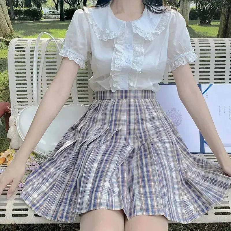 Deeptown Kawaii Lolita Blouses White Women Cute Lace Tops Ruffle Shirts Vintage Puff Sleeve Japanese Preppy Style Sweet Tops