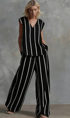 Black White Vertical Striped Loose Top+Wide Leg Pants Two-piece Summer Women's Loose Cotton Linen Trousers Set Костюм Женский
