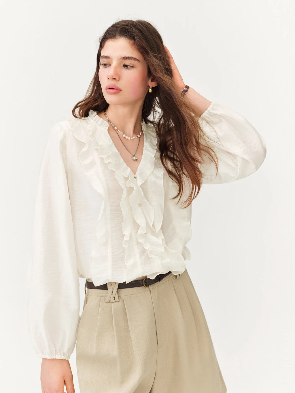 FSLE 2026 Summer New Women's French Style V-Neck Ruffle Blouse Lightweight Sheer Hem Top for Coquette Vacation Chic Daily Style