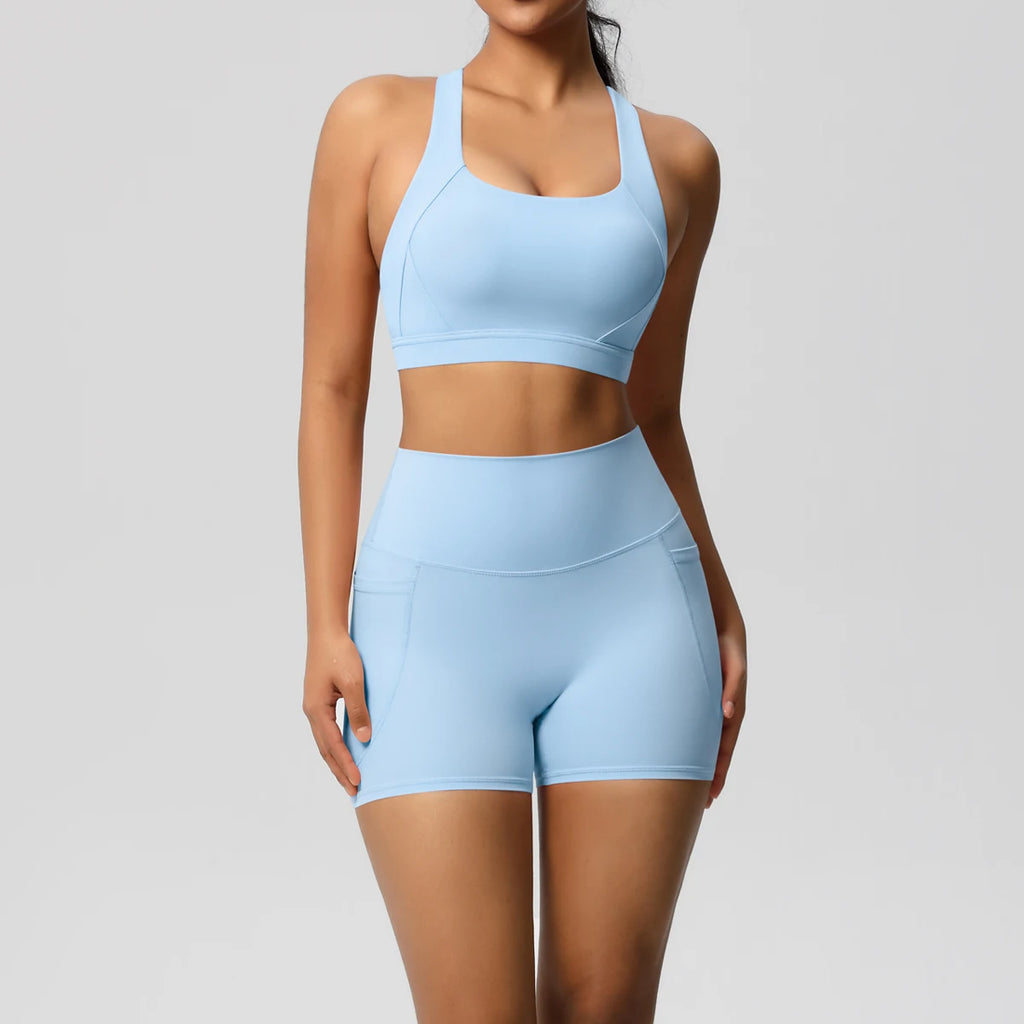 2PCS Sportswear With Pocketed Yoga Set Gym Clothes Yoga Suits For Women Tracksuits Sports Shorts Crossover Bra Gym Leggings