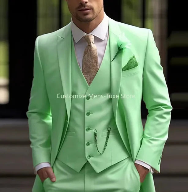 New Beige Suit Men Business Tuxedos Formal 3 Piece Set Jacket Vest Pants Single Breasted Groom Groomsman Prom Wedding Party