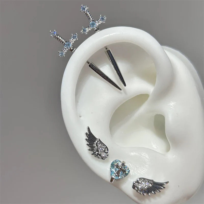 New Fashion Love Wings Cross Stainless Steel Ear Bone Nail Shiny Zircon Trendy Thread Earring for Women Body Piercing Accessorie