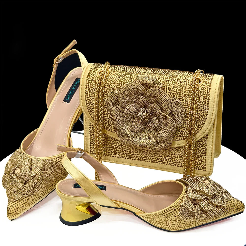 Italian Shoes And Bag Sets With Stones Gold EDHDF1-3