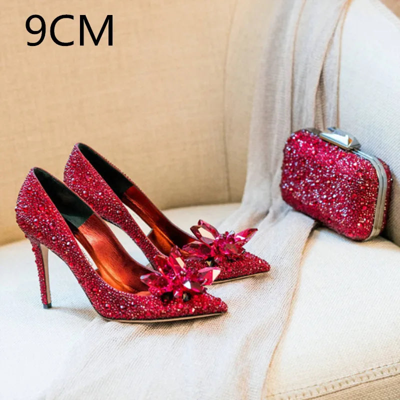 Newest Silver High Heels Wedding Women Shoes Diamond Pumps Crystal Shoes Rhinestone Pointed Toe Glitter Party