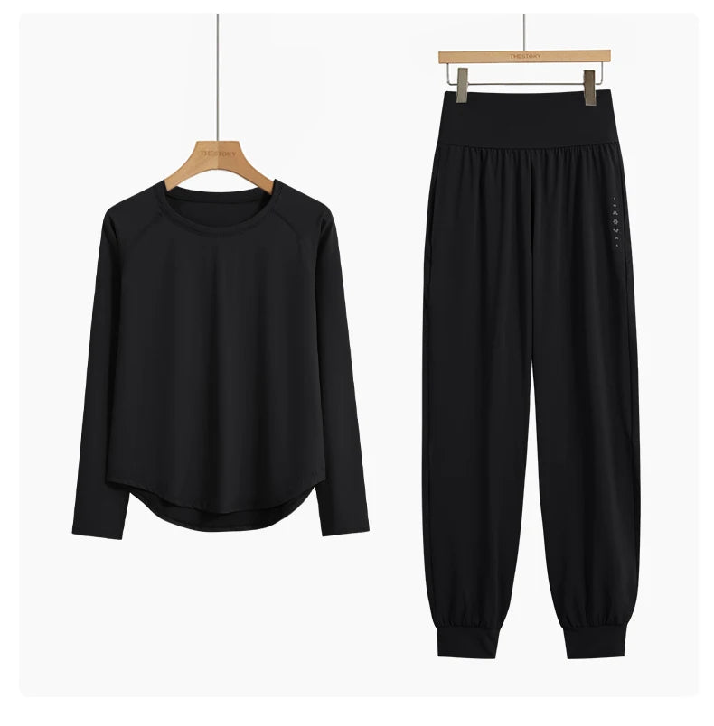 DRUR 2pcs Yoga Set Women Sports Pants Sets 2 Piece Sportswear Outfit Female Long Sleeve Fitness Top High Waist Sweatpants Suits