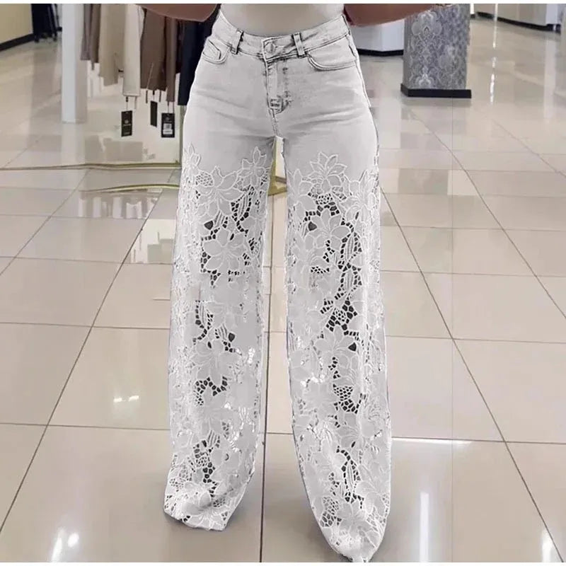 Lace Spliced Elegant Hollow Out Jeans Women New Fashion Temperament High Waist Straight Loose Denim Trousers Y2k Streetwear