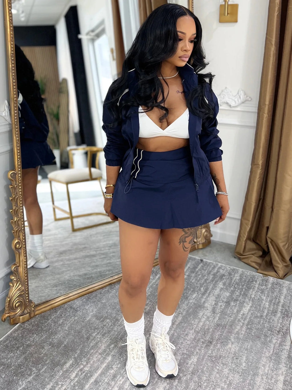 FAGADOER Casual Color Block 2 Piece Sets Woman Outfit Drawstring Ruched Patchwork Crop Top and Skirt Matching Female Streetwear