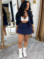 FAGADOER Casual Color Block 2 Piece Sets Woman Outfit Drawstring Ruched Patchwork Crop Top and Skirt Matching Female Streetwear