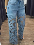 VGH Solid Slimming Hollow Out Temperament Denim Pants For Women High Waist Spliced Button Temperament Trousers Female Fashion