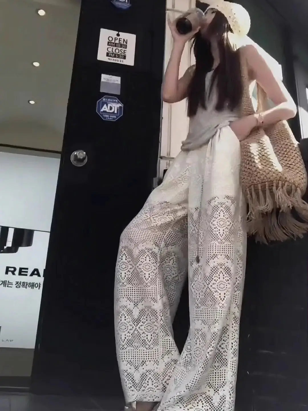 Hollow Lace White Casual Wide Leg 2025 Loose New Lazy Style Design Straight Trousers