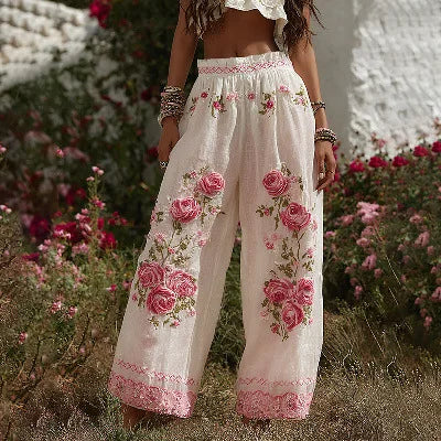 Cosplay Floral Printed Trousers Elegant Women Pants 3D Pattern Straight Leg Casual Party Long Pants