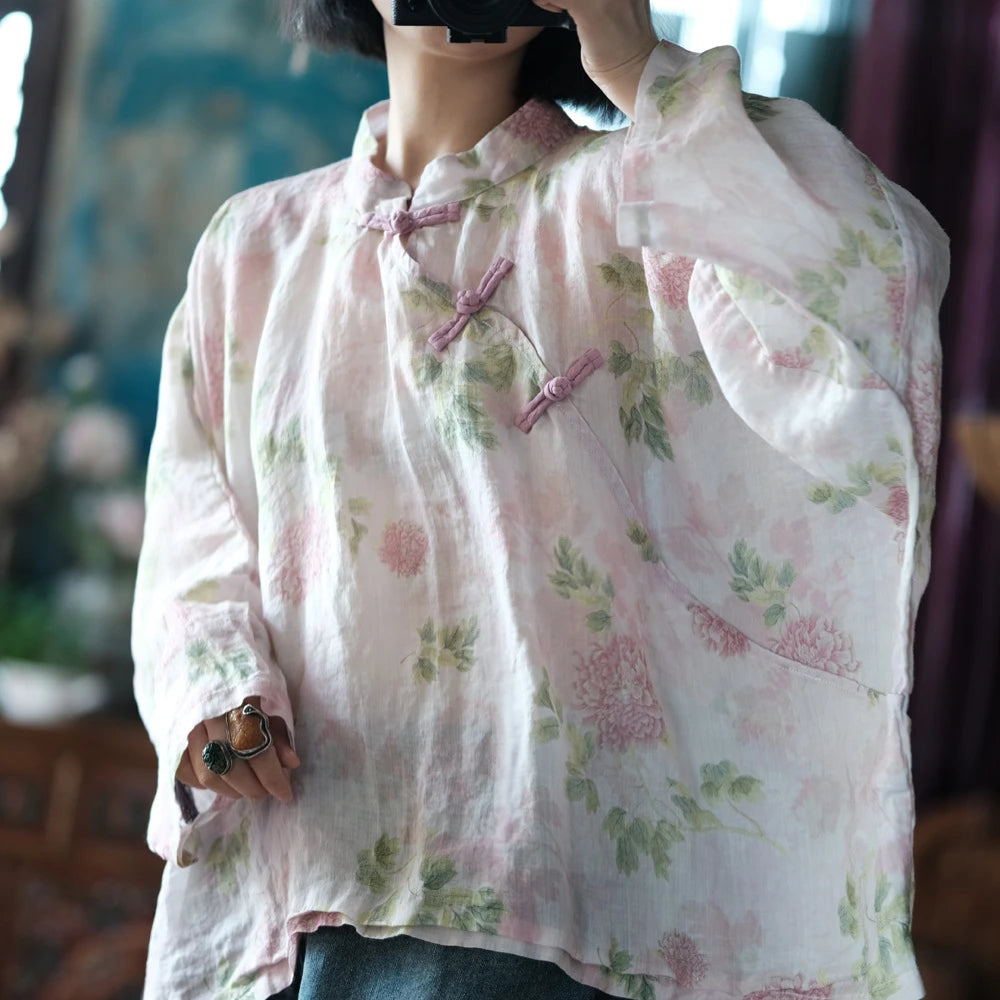 Oversized Women Batwing Sleeve Linen Shirt New 2025 Spring Chinese Style Vintage Floral Print Female Casua Tops Shirts M1057