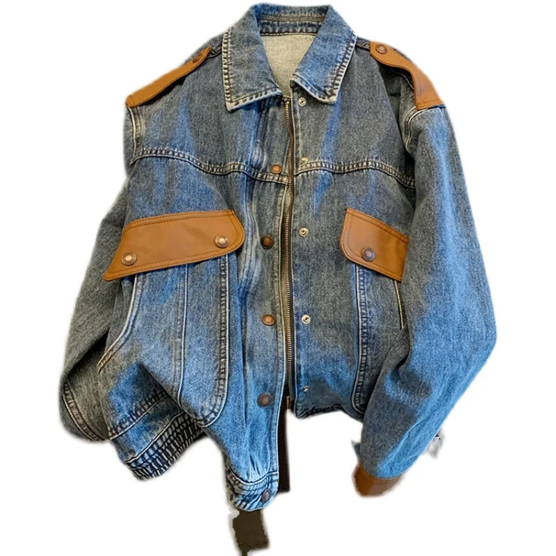 CJFHJE Blue Vintage Patchwork Denim Jacket Women Chicly Fashion Korean Loose Female Jackets Harajuku Zipper Casual Denim Coats