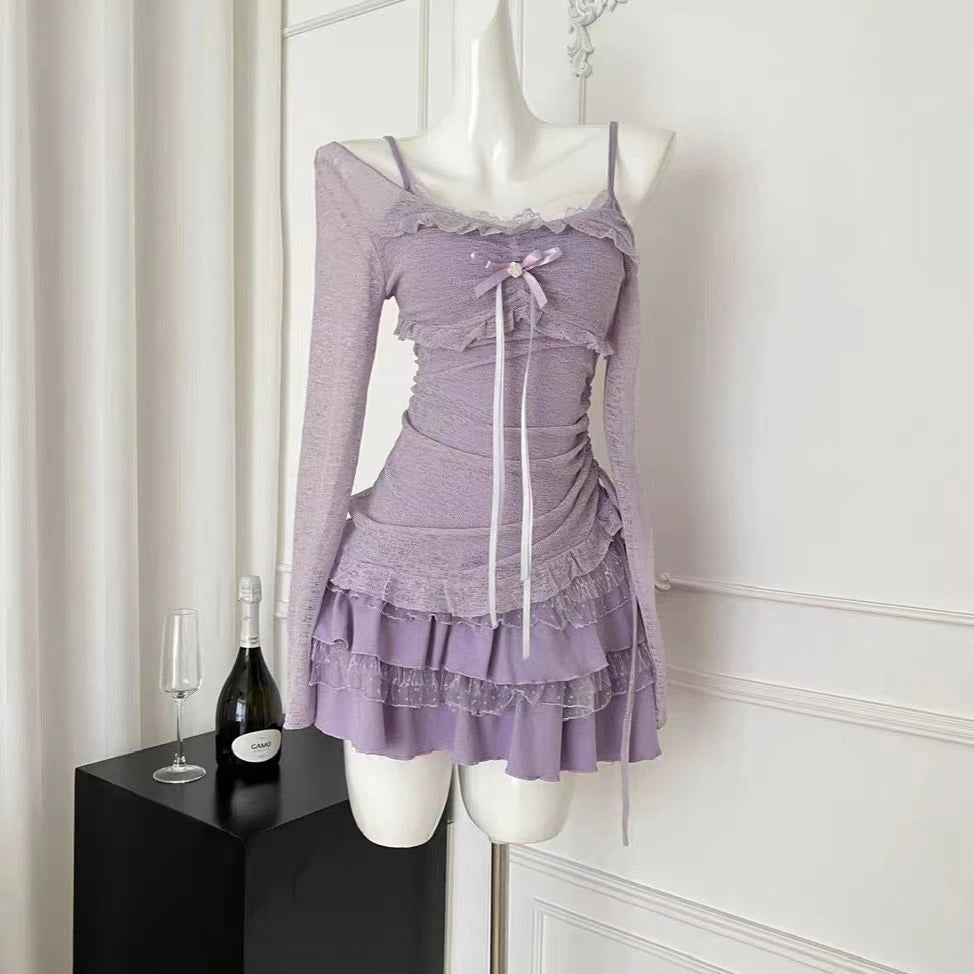 Women Mini Skirt 2 Piece Set Long Sleeve Coquette Thin Tops Y2k Mini Skirt Kpop Girl 2000s Aesthetic Outfits Vintage Suits