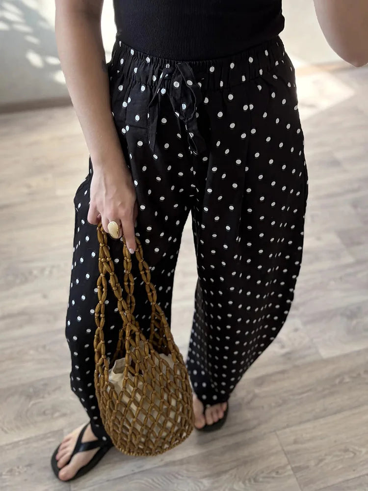 Black Polka Dot Linen Pants Women Wide Leg Summer Trousers Baggy For Ladies White Oversize Cotton Linen Pants Woman Wide