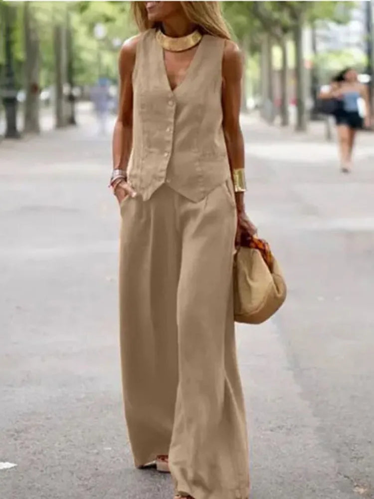Casual Tank And Wide Leg Pant Sets 2 Piece Sets Women Outfit Summer Elegant Solid Cotton Linen Tops Trousers Suit Femme