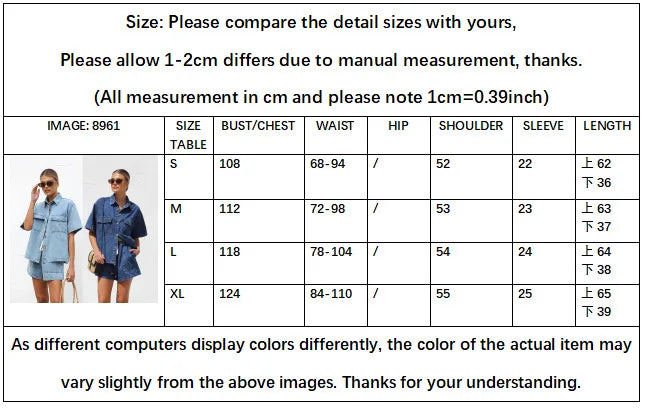 Summer Trendy Women's Casual Loose Pocket Short Sleeve Shirt Cowboy Two Piece Set