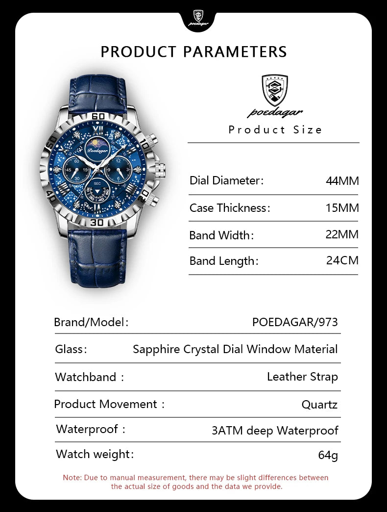 POEDAGAR Top Functional Luxury Man Wristwatch Waterproof Luminous Chronograph Leather Sports Watches For Men Quartz Men's Watch