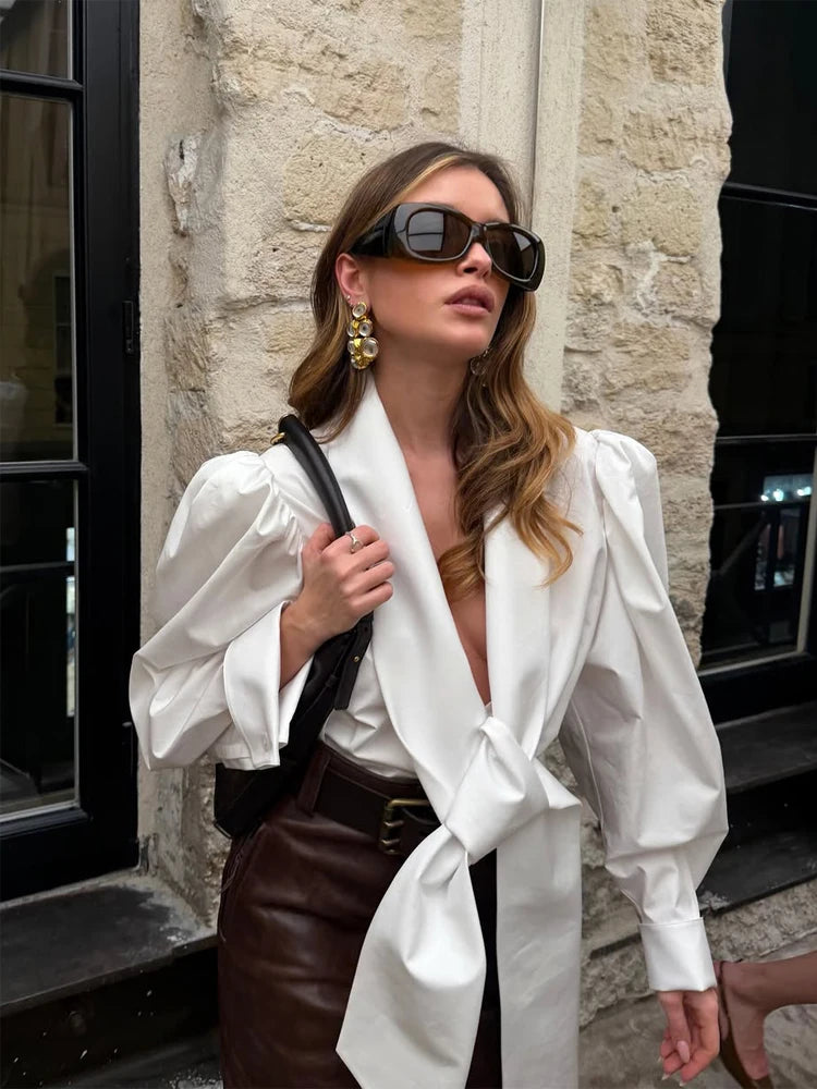 Women's White Tie Front Knot Blouse Elegant Sexy Oversized Collared Shirt with Bow Detail 2026 Women's Office Wear Tops