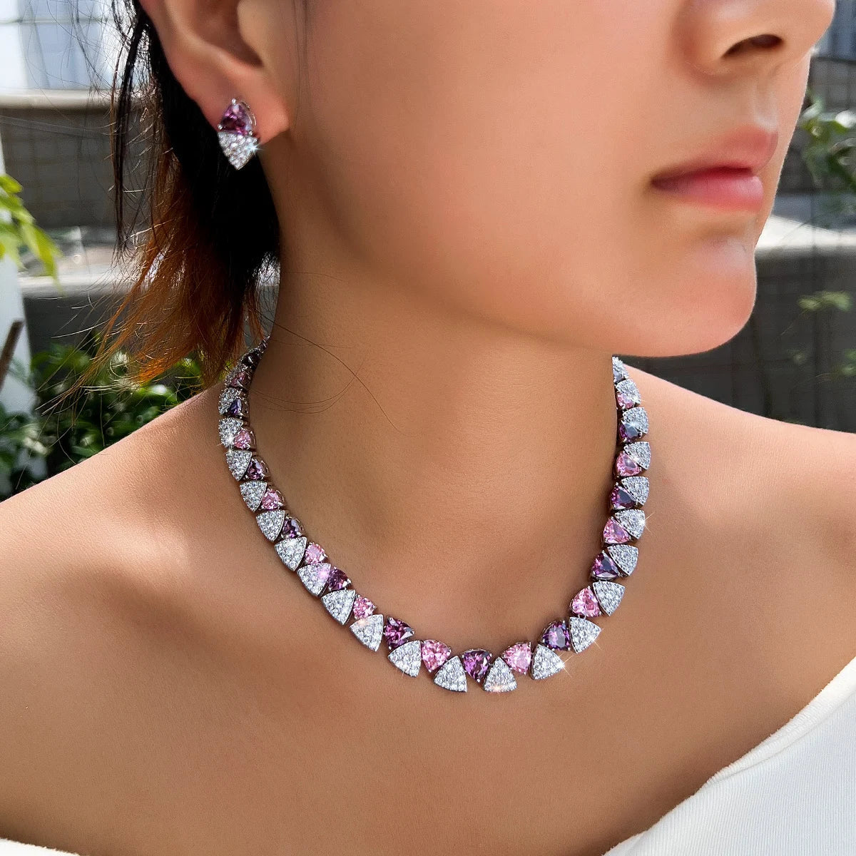 Pink Purple Triangle CZ Crystal Necklace Earring Set