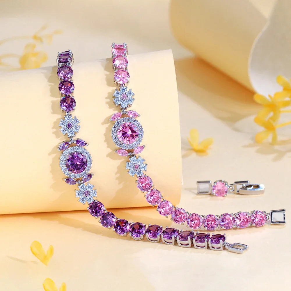 Pink Round Cubic Zircon Tennis Bracelet