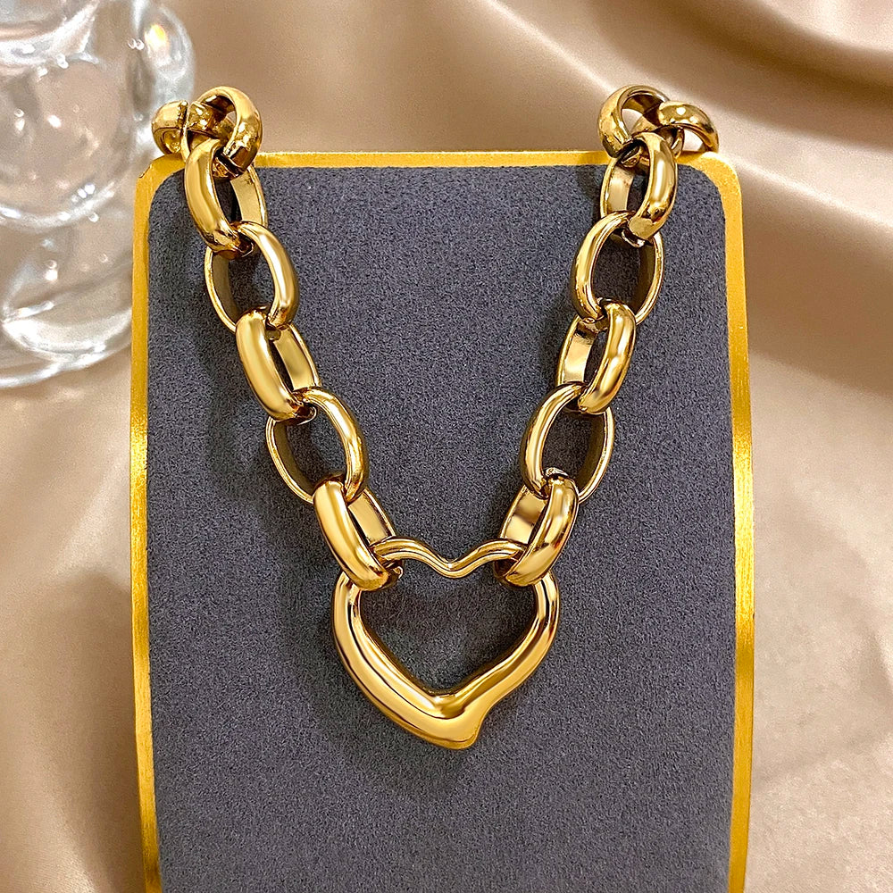 Golden Stainless Steel Irregular Hollow Heart Pendant Necklace