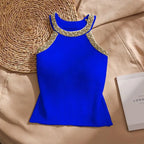 2026 Summer Sleeveless Knitted Vest Shirt Slim Halter Neck Beaded Tops Slim Sexy Bright Silk Women Camisole