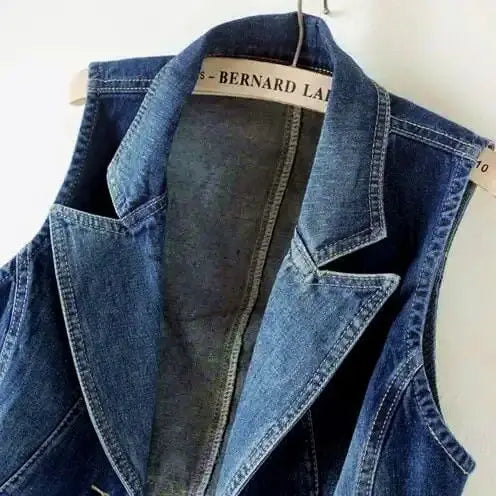 Women Lapel Denim Vest Sleeveless Cropped Jean Waistcoat Jacket with Zipper Pockets